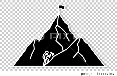 Hobby mountaineering: A simple icon of a person climbing a mountain with an ice axe 134445163