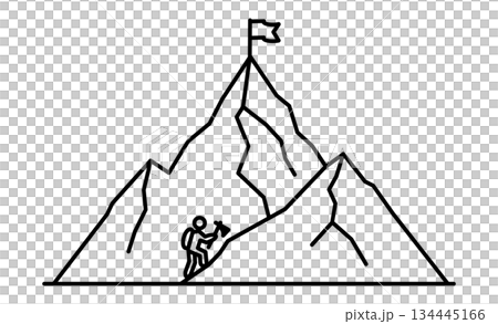 業餘登山：一個簡單的圖標，描繪了一個人手持冰鎬攀登山峰的場景。 134445166