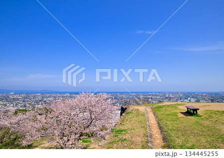 〈鳥取県〉春の米子城跡 大天守台から街並みの風景 4月 〈鳥取県〉春の米子城跡 大天守台から街並みの風景 4月 134445255