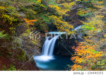 山梨県山梨市三富川浦 笛吹川の上流に位置する西沢渓谷のハイキングコースからの紅葉の竜神の滝 山梨県山梨市三富川浦 笛吹川の上流に位置する西沢渓谷のハイキングコースからの紅葉の竜神の滝 134445355
