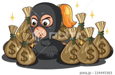 Female Burglar Surrounded by Money Bags in Cartoon Style 134445363