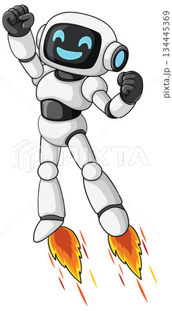 Happy Cartoon Robot Flying With Jetpack Flames 134445369