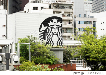 都会の風景 建物のの屋上に設置されている広告の図柄とビル群 134445419