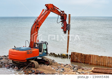 A machine for driving wooden breakwaters on the seashore A machine for driving wooden breakwaters on the seashore 134445486