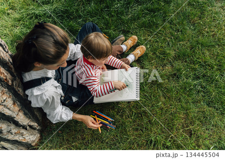 Mother and Toddler Drawing Together in a Summer Park. Parenting and Childhood Development Concept 134445504