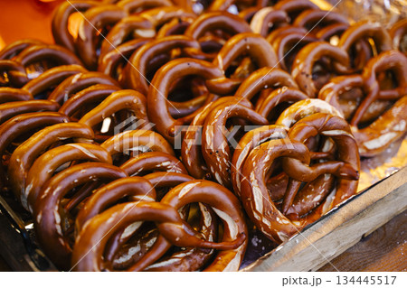 Traditional Fresh Baked German Pretzels with Salt in a Basket 134445517