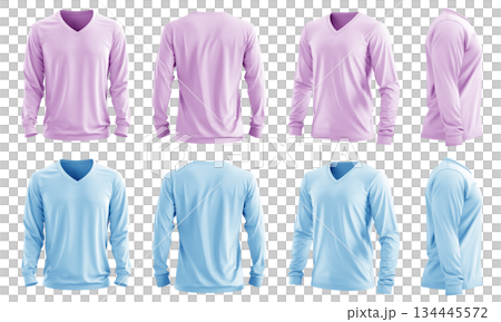 2 Set of men pastel light blue purple front, back and side view V neck long sleeve tee shirt t-shirt on transparent background cutout, PNG file. Mockup template 134445572