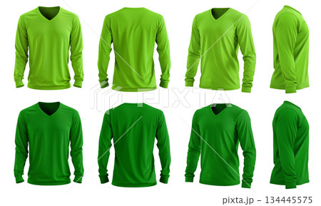 2 Set of men dark light green lime front, back and side view V neck long sleeve tee shirt t-shirt on transparent background cutout, PNG file. Mockup template for artwork 134445575