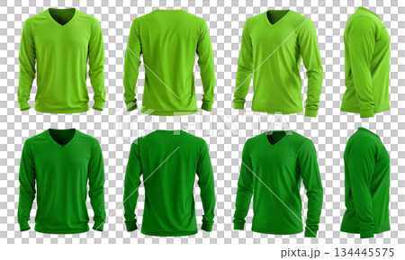 2 Set of men dark light green lime front, back and side view V neck long sleeve tee shirt t-shirt on transparent background cutout, PNG file. Mockup template for artwork 134445575