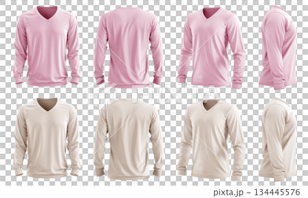 2 Set of men pastel light pink beige front, back and side view V neck long sleeve tee shirt t-shirt on transparent background cutout, PNG file. Mockup template 134445576