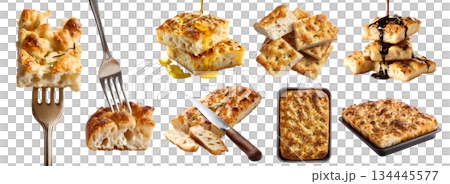 Set of Focaccia, Italian classic flatbread leavened oven-baked bun bread flat, with olive oil, Balsamic Vinegar, fork knife, baking pan, pile stack bitten broken, transparent cutout PNG. Mockup Set of Focaccia, Italian classic flatbread leavened oven-baked bun bread flat, with olive oil, Balsamic Vinegar, fork knife, baking pan, pile stack bitten broken, transparent cutout PNG. Mockup 134445577