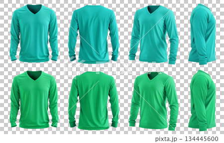 2 Set of men turquoise blue green front, back and side view V neck long sleeve tee shirt t-shirt on transparent background cutout, PNG file. Mockup template for artwork 134445600