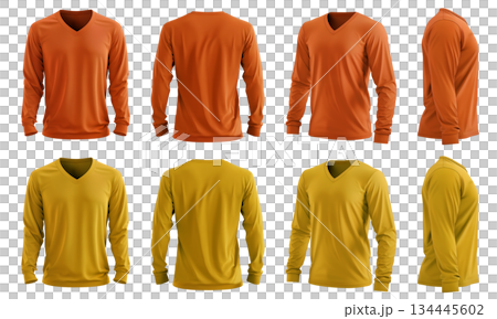 2 Set of men yellow orange mustard front, back and side view V neck long sleeve tee shirt t-shirt on transparent background cutout, PNG file. Mockup template  134445602