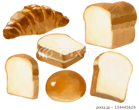 いろいろなパンのイラストセット(食パン・クロワッサン 丸パン) いろいろなパンのイラストセット(食パン・クロワッサン 丸パン) 134445629