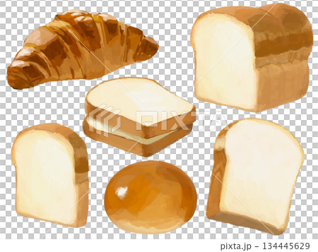 いろいろなパンのイラストセット(食パン・クロワッサン 丸パン) いろいろなパンのイラストセット(食パン・クロワッサン 丸パン) 134445629