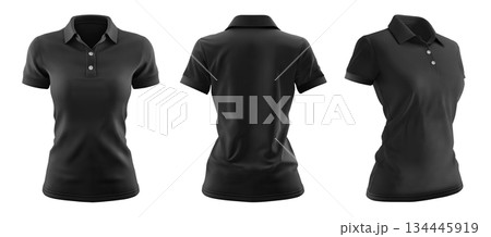 Set of woman black front, back and side view collar slim fit polo tee shirt on transparent background cutout, PNG  134445919