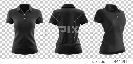 Set of woman black front, back and side view collar slim fit polo tee shirt on transparent background cutout, PNG  134445919