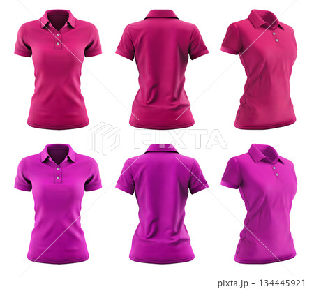 2 Set of woman magenta purple pink front, back and side view collar slim fit polo tee shirt on transparent background cutout, PNG file. Mockup template for artwork  134445921