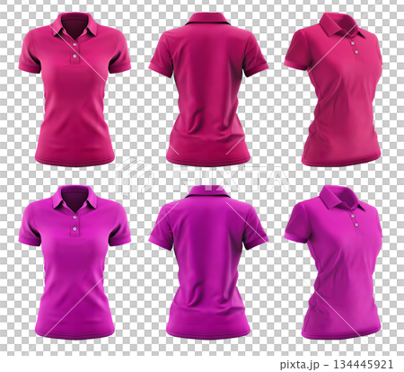 2 Set of woman magenta purple pink front, back and side view collar slim fit polo tee shirt on transparent background cutout, PNG file. Mockup template for artwork  134445921