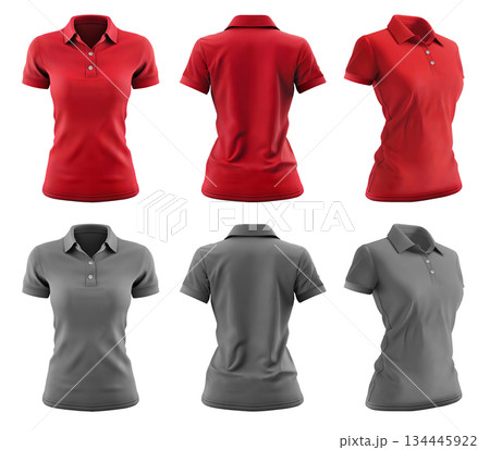 2 Set of woman red maroon grey gray, front, back and side view collar slim fit polo tee shirt on transparent background cutout, PNG file. Mockup template for artwork 134445922