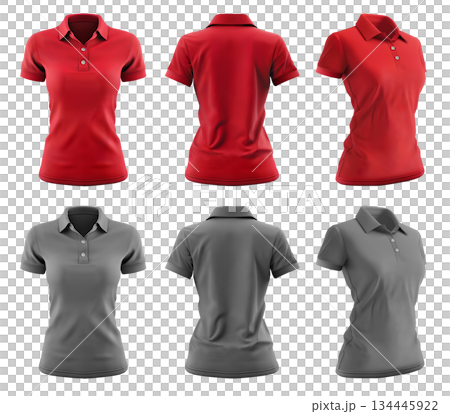2 Set of woman red maroon grey gray, front, back and side view collar slim fit polo tee shirt on transparent background cutout, PNG file. Mockup template for artwork 134445922