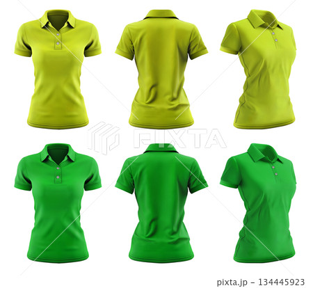 2 Set of woman dark light green lime, front, back and side view collar slim fit polo tee shirt on transparent background cutout, PNG file. Mockup template for artwork  134445923