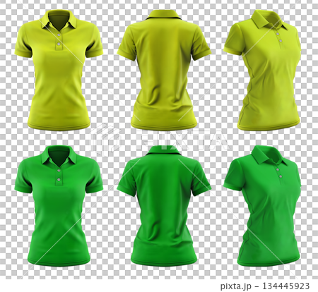 2 Set of woman dark light green lime, front, back and side view collar slim fit polo tee shirt on transparent background cutout, PNG file. Mockup template for artwork  134445923
