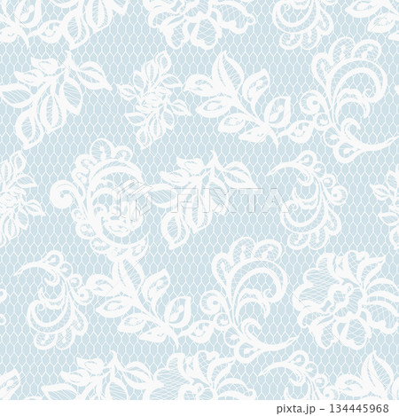 White lace pattern presenting a grid like texture with ornate floral designs repeating seamlessly on a light blue background, perfect for wedding, fabric, or decorative use 134445968