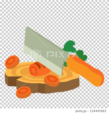 Illustration of cutting a carrot with a knife on a cutting board with sliced stumps Illustration of cutting a carrot with a knife on a cutting board with sliced stumps 134445983