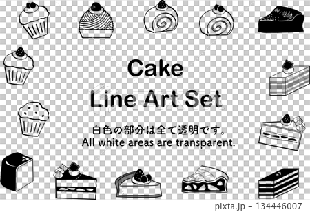 シンプルなケーキとカップケーキの線画セット｜ケーキ,カップケーキ,スイーツ,洋菓子,線画 134446007
