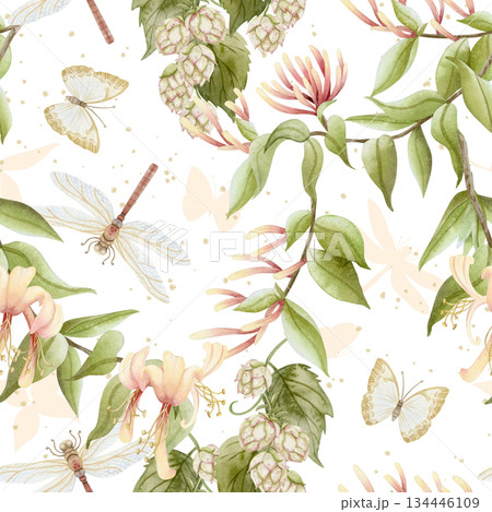 Garden butterflies and dragonflies with honeysuckle flowers and hops vine watercolor seamless pattern on white. Realistic botanical liana in pastel sunny colors. Green climbing plant repeat background 134446109