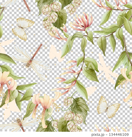 Garden butterflies and dragonflies with honeysuckle flowers and hops vine watercolor seamless pattern on white. Realistic botanical liana in pastel sunny colors. Green climbing plant repeat background 134446109