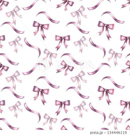 A seamless pattern with pink bows and ribbons on a blue background. Hand-drawn watercolor illustration for interior design, fabric printing, and packaging. 134446119