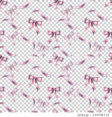 A seamless pattern with pink bows and ribbons on a blue background. Hand-drawn watercolor illustration for interior design, fabric printing, and packaging. 134446119