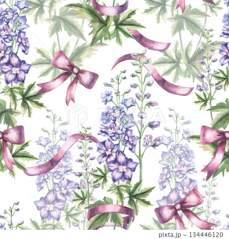 A seamless pattern with delphiniums and pink bows and ribbons. This hand-drawn watercolor illustration is suitable for interior design, fabric printing, and packaging. 134446120