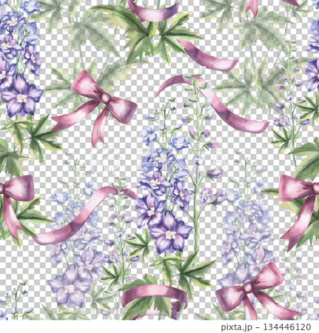 A seamless pattern with delphiniums and pink bows and ribbons. This hand-drawn watercolor illustration is suitable for interior design, fabric printing, and packaging. 134446120