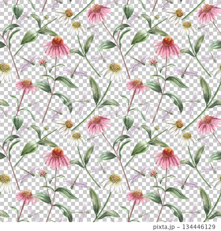 Seamless pattern with pink and white echinacea flowers and dragonflies on a blue background. Hand-drawn watercolor illustration for interior design, fabric printing, and packaging. 134446129