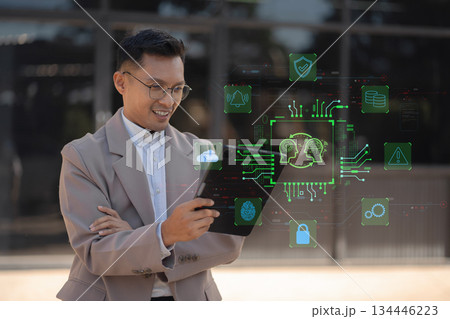 Zero trust security concept Person using computer and tablet with zero trust icon on virtual screen of Data businesses.in office. 134446223