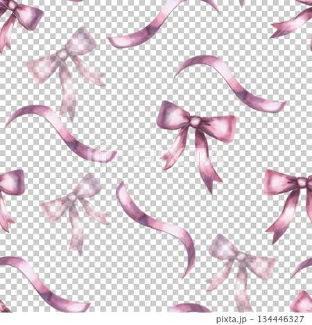 Seamless pattern with pink bows and ribbons. Hand-drawn watercolor illustration for interior design, fabric printing, and packaging. Seamless pattern with pink bows and ribbons. Hand-drawn watercolor illustration for interior design, fabric printing, and packaging. 134446327