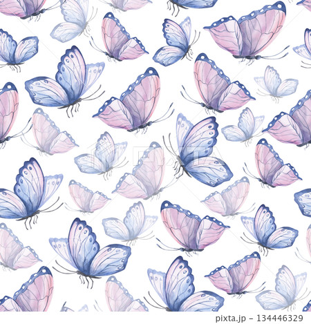 Seamless pattern with pink and blue butterflies. Hand-drawn watercolor illustration for interior design, fabric printing, and packaging. Seamless pattern with pink and blue butterflies. Hand-drawn watercolor illustration for interior design, fabric printing, and packaging. 134446329