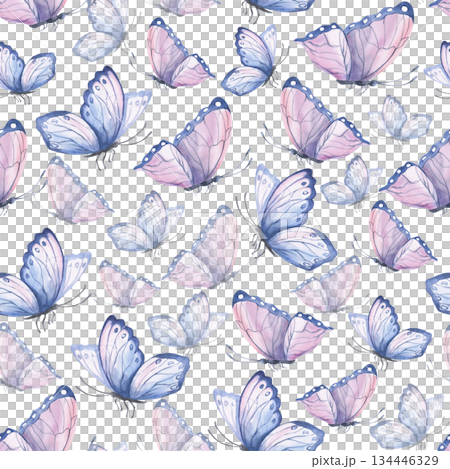 Seamless pattern with pink and blue butterflies. Hand-drawn watercolor illustration for interior design, fabric printing, and packaging. Seamless pattern with pink and blue butterflies. Hand-drawn watercolor illustration for interior design, fabric printing, and packaging. 134446329