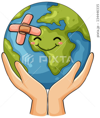 Smiling Earth with Bandage Cradled in Caring Hands 134446335