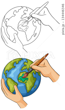 Hands Painting Planet Earth Environmental Concept Illustration 134446346