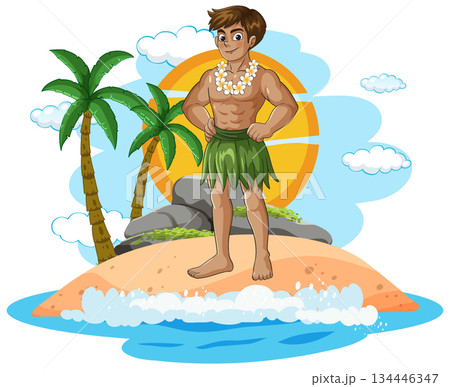 Hawaiian Man Standing on Tropical Island at Sunset 134446347