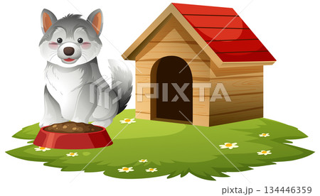 Cartoon Husky Puppy Eating Near Wooden Doghouse on Grass 134446359