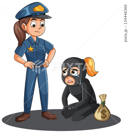 Female Police Officer Arrests Crying Female Robber with Money Bag Female Police Officer Arrests Crying Female Robber with Money Bag 134446360