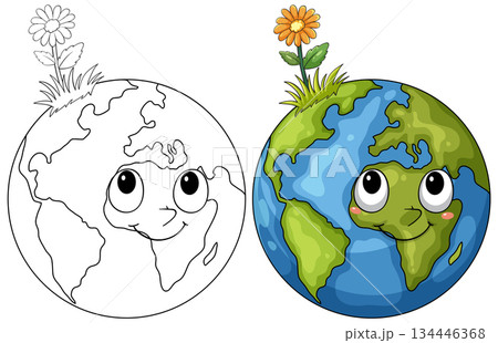 Cute Cartoon Earth Character with Flower Illustration 134446368