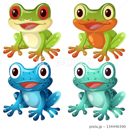 Four Colorful Cartoon Frogs in Square Composition 134446390
