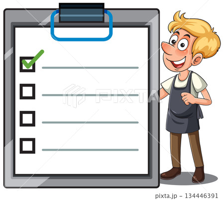 Smiling Worker with Apron Standing by Checklist Clipboard 134446391