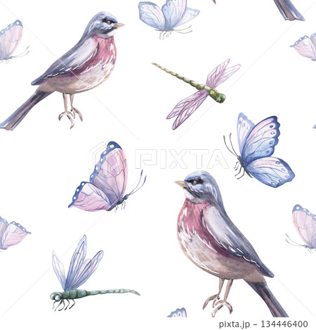 Seamless pattern with a bird, butterflies, and dragonflies. Watercolor illustration for interior design, fabric printing, and packaging. Seamless pattern with a bird, butterflies, and dragonflies. Watercolor illustration for interior design, fabric printing, and packaging. 134446400